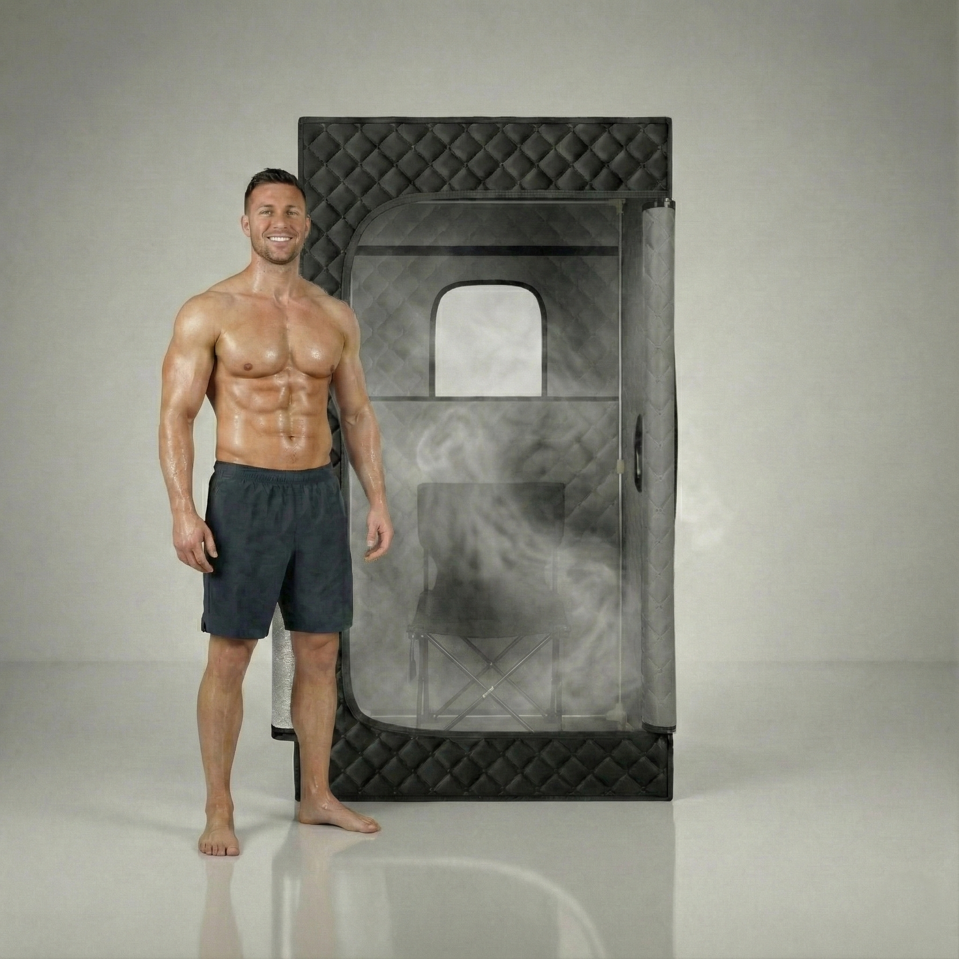 Home sauna – ThermuNora Pro X portable steam sauna with model for size reference